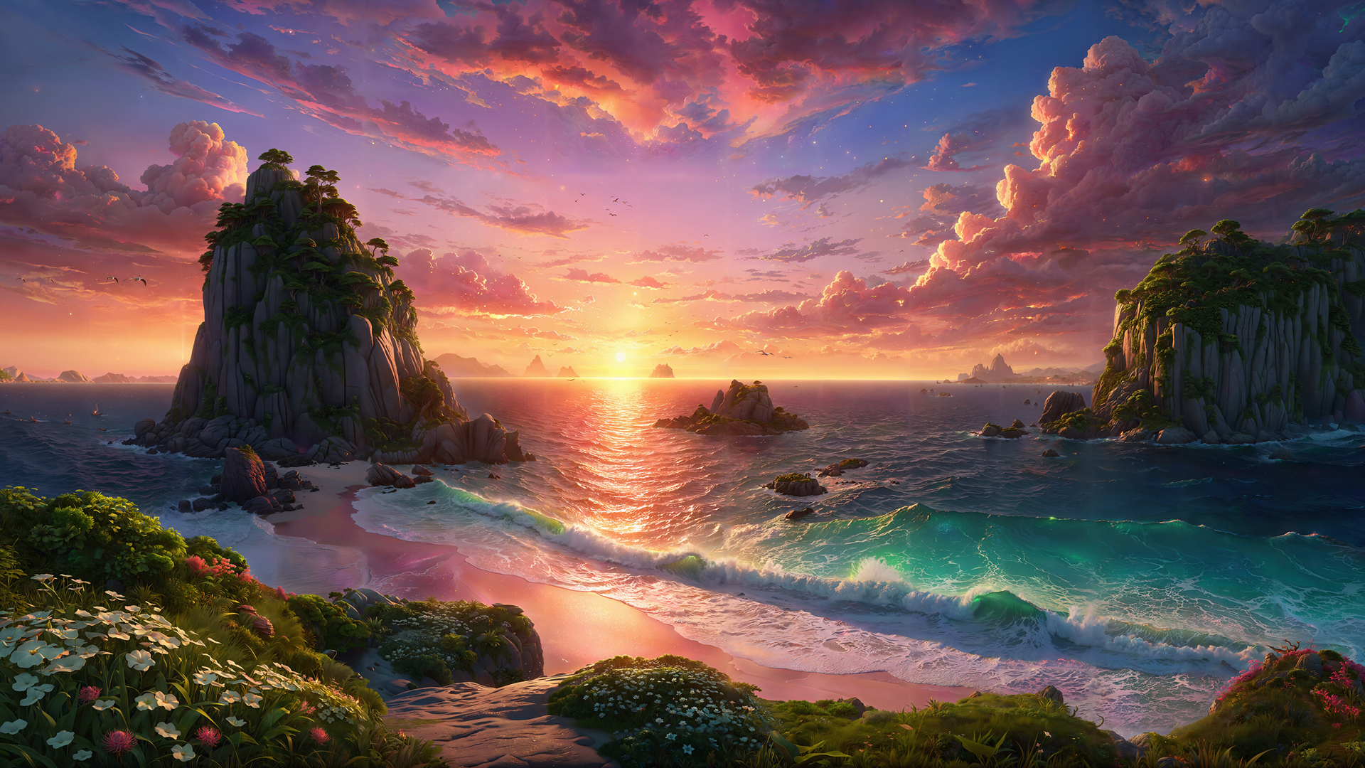 ['唯美海边日落 高清风景桌面壁纸 天空 云 海浪 鲜花']