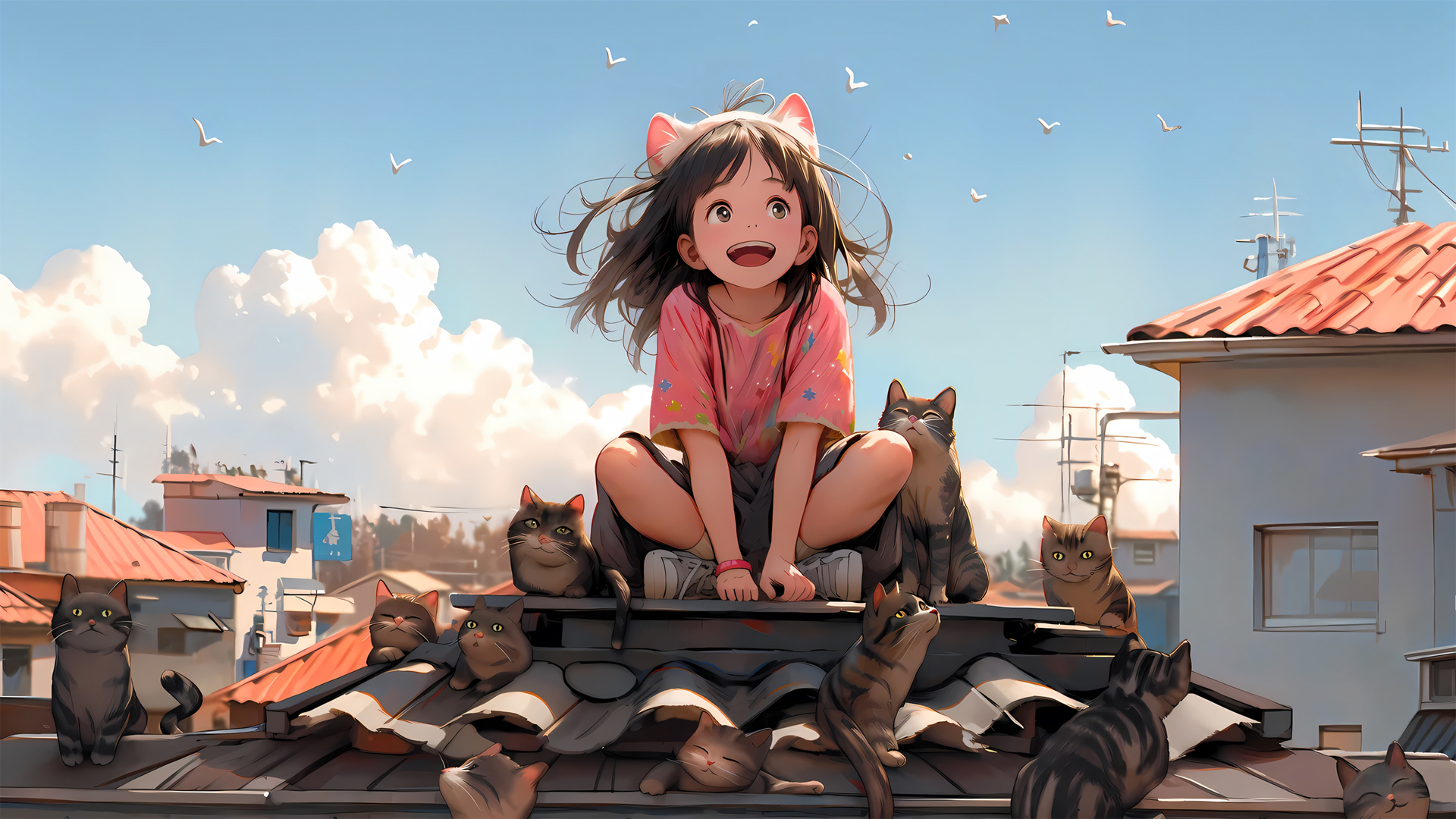 ['屋顶女孩与小猫 动漫高清 4K电脑壁纸']