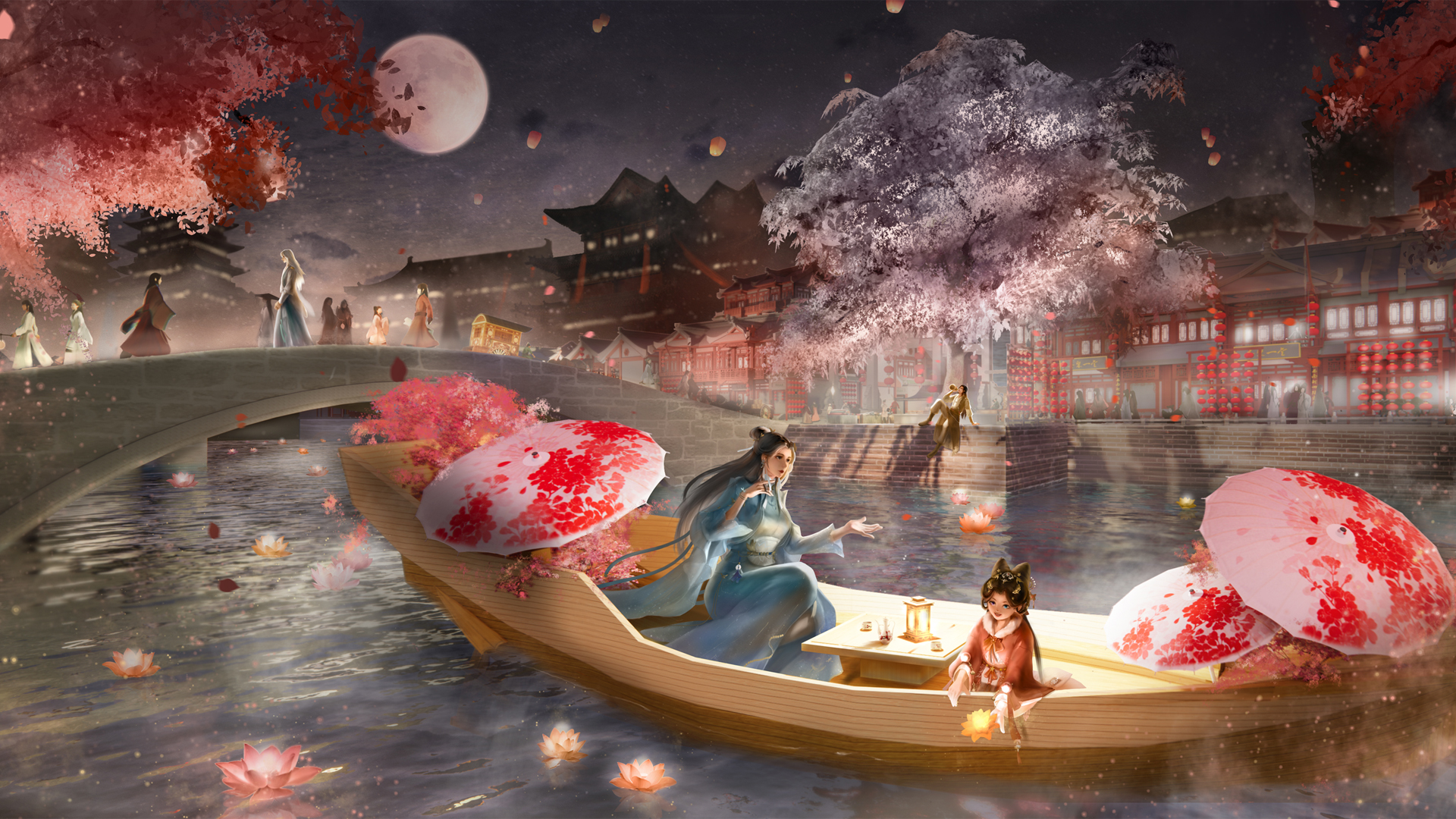 ['春节 古风 小桥流水 船 花瓣 女孩 树 房子 灯笼 高清壁纸']