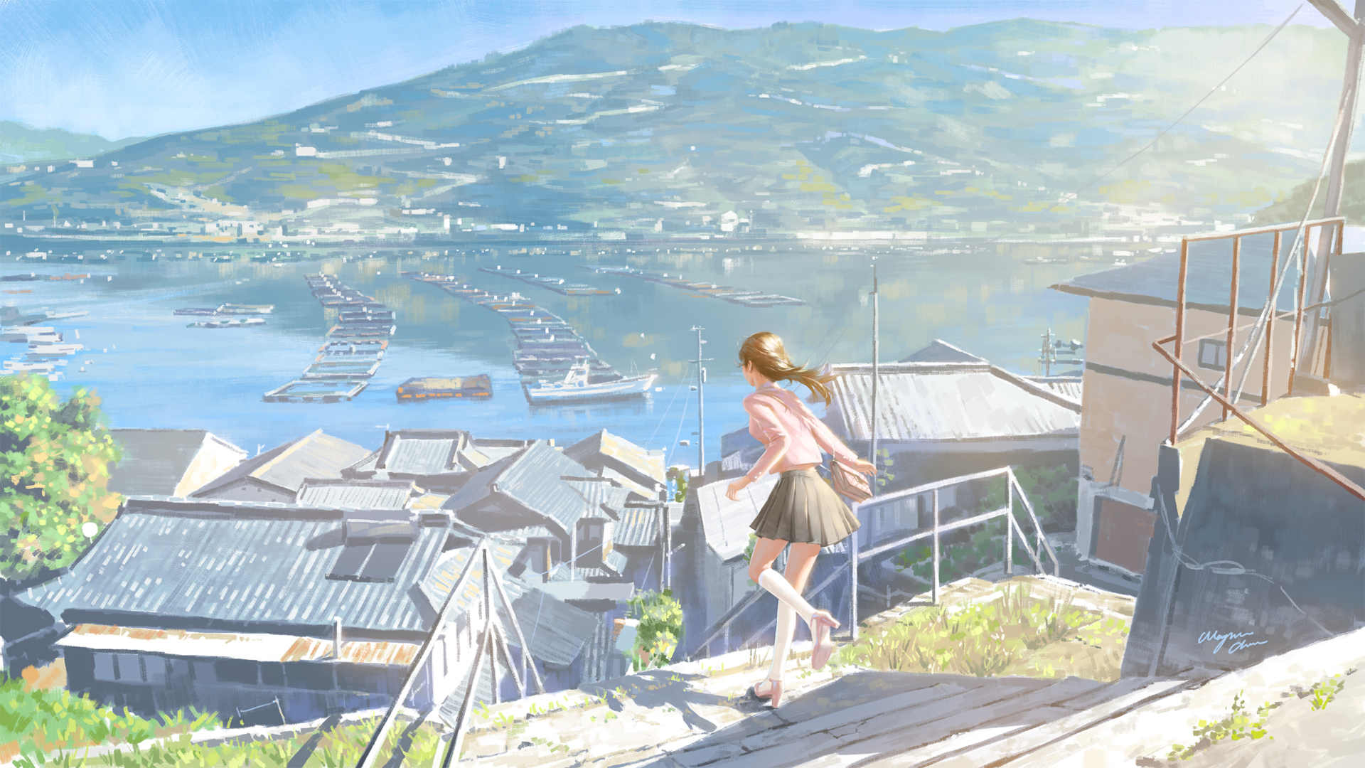 ['海边风景动漫壁纸 女孩子百褶裙背影高清']