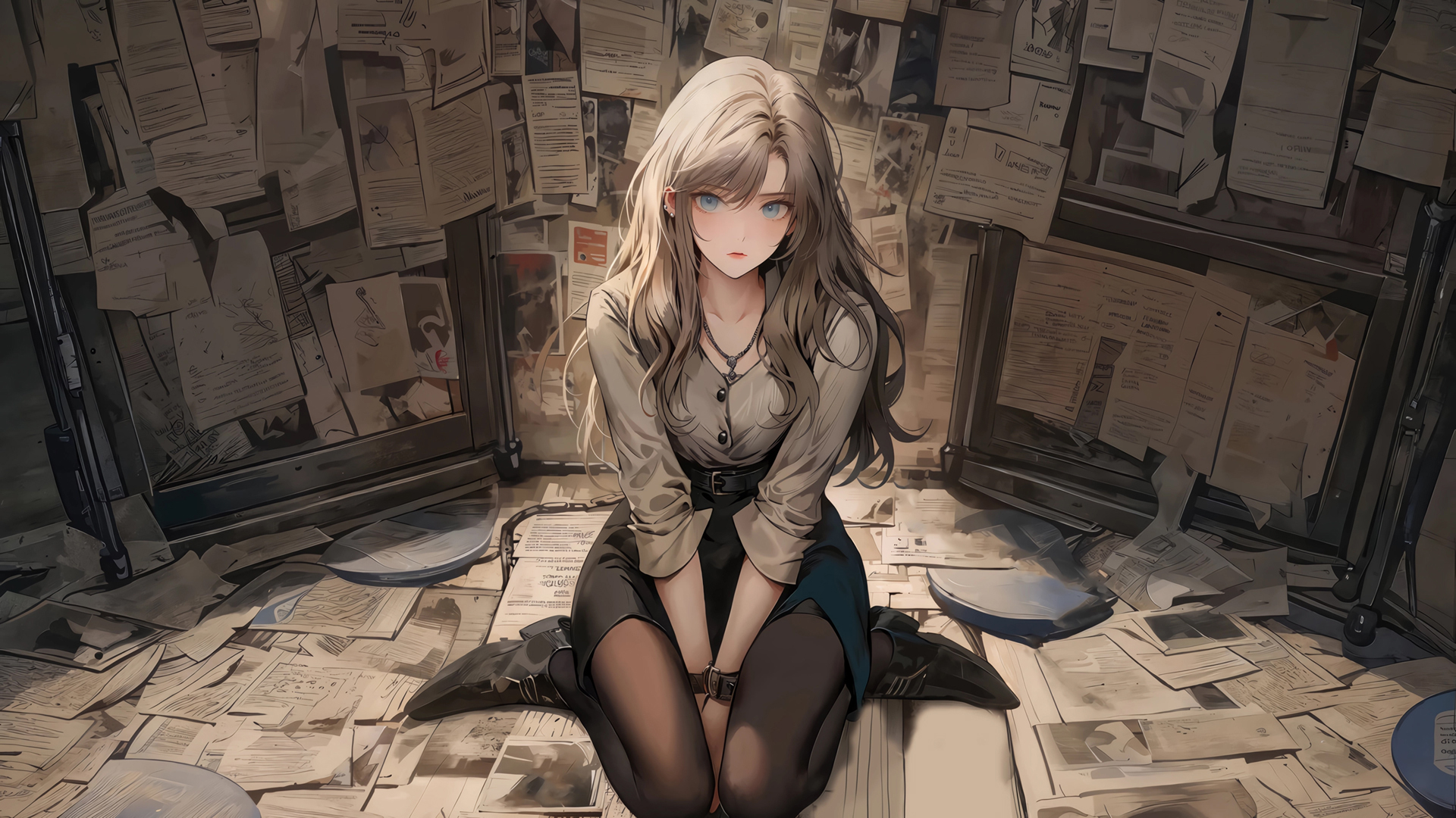 ['动漫美女 二次元少女 报纸墙背景 电脑壁纸 坐姿插画']
