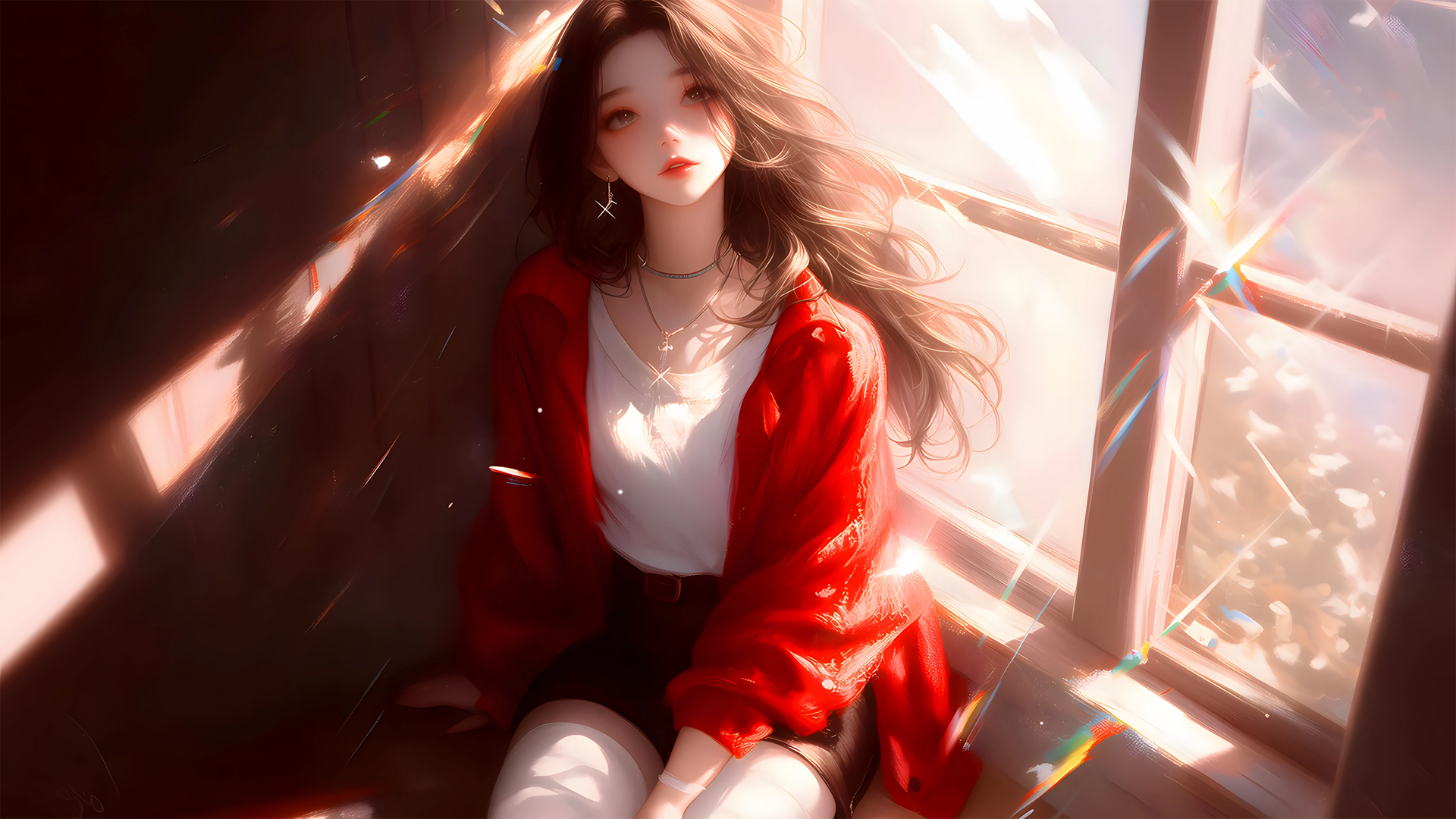 ['窗边阳光少女动漫壁纸 4K高清 红色外套 白色衣服 超清']