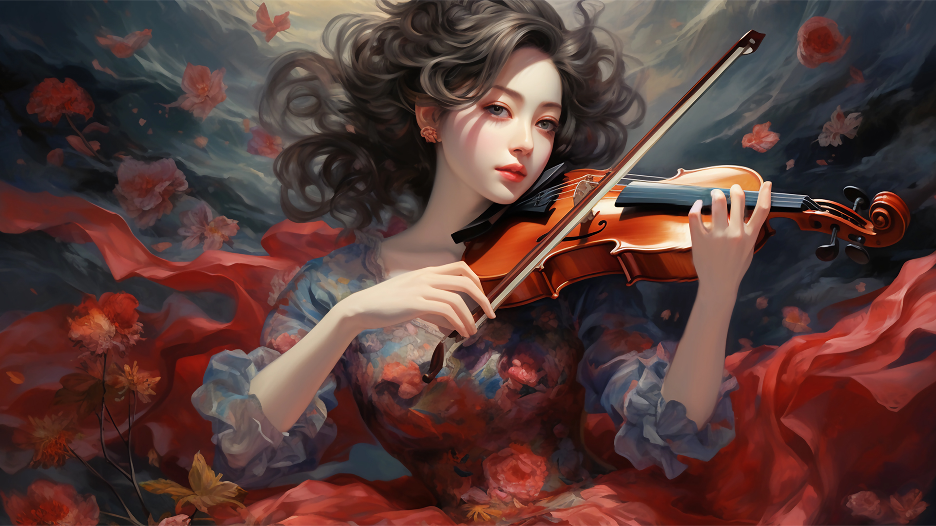 ['动漫美女 小提琴 花瓣 唯美高清 壁纸']