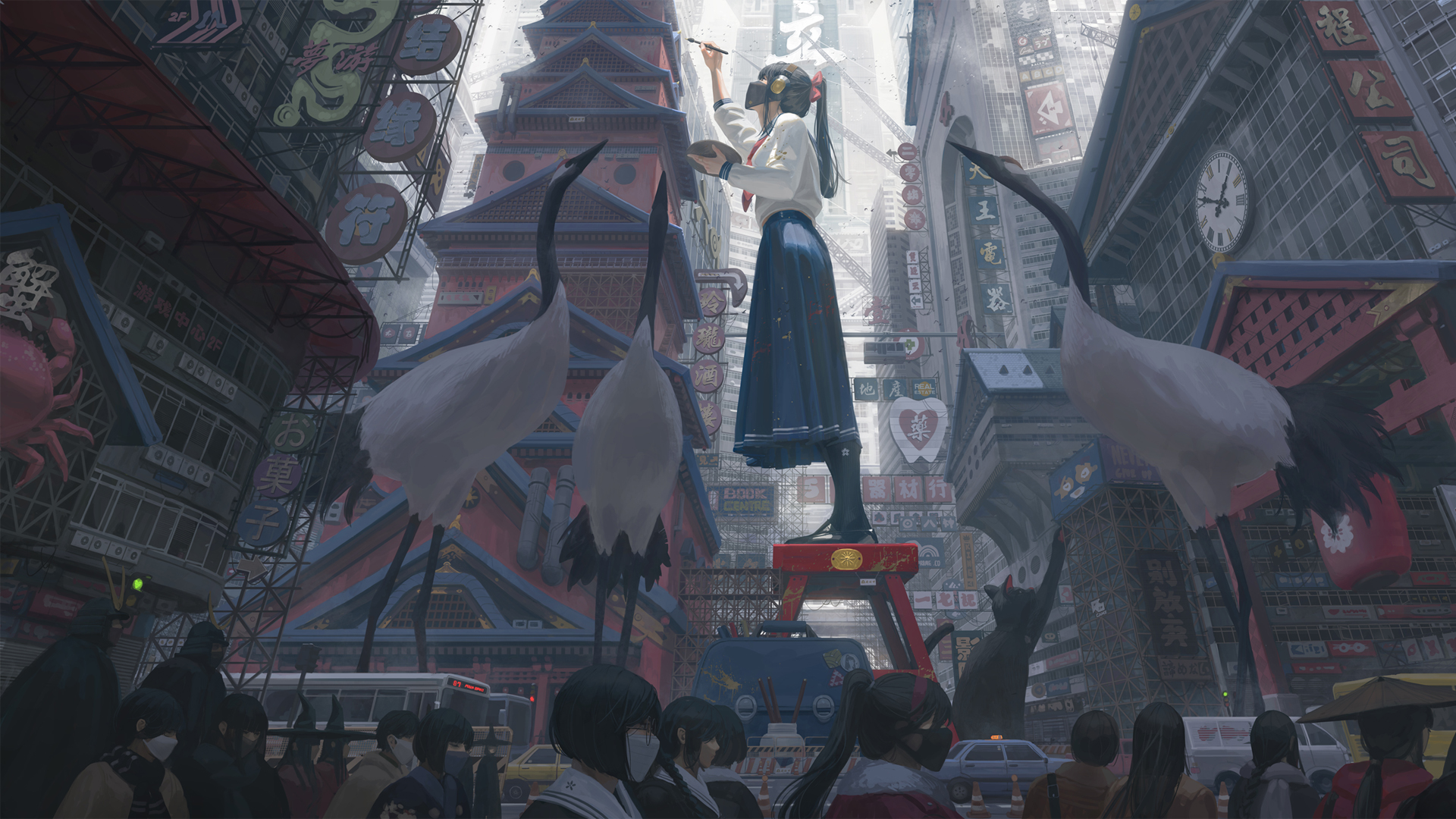 ['4K动漫壁纸 国风女孩 绘画仙鹤 街景行人']