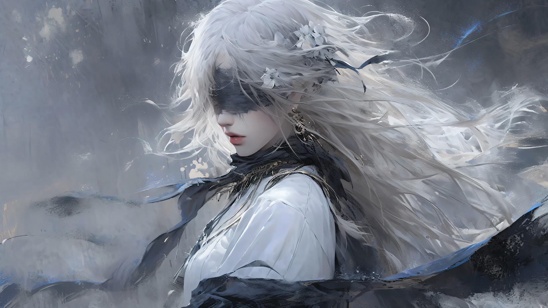 ['蒙眼女孩 白色长发 唯美 动漫壁纸']