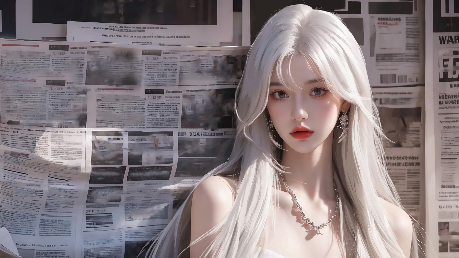 ['报纸墙 白色长发 动漫美女 4K高清壁纸']