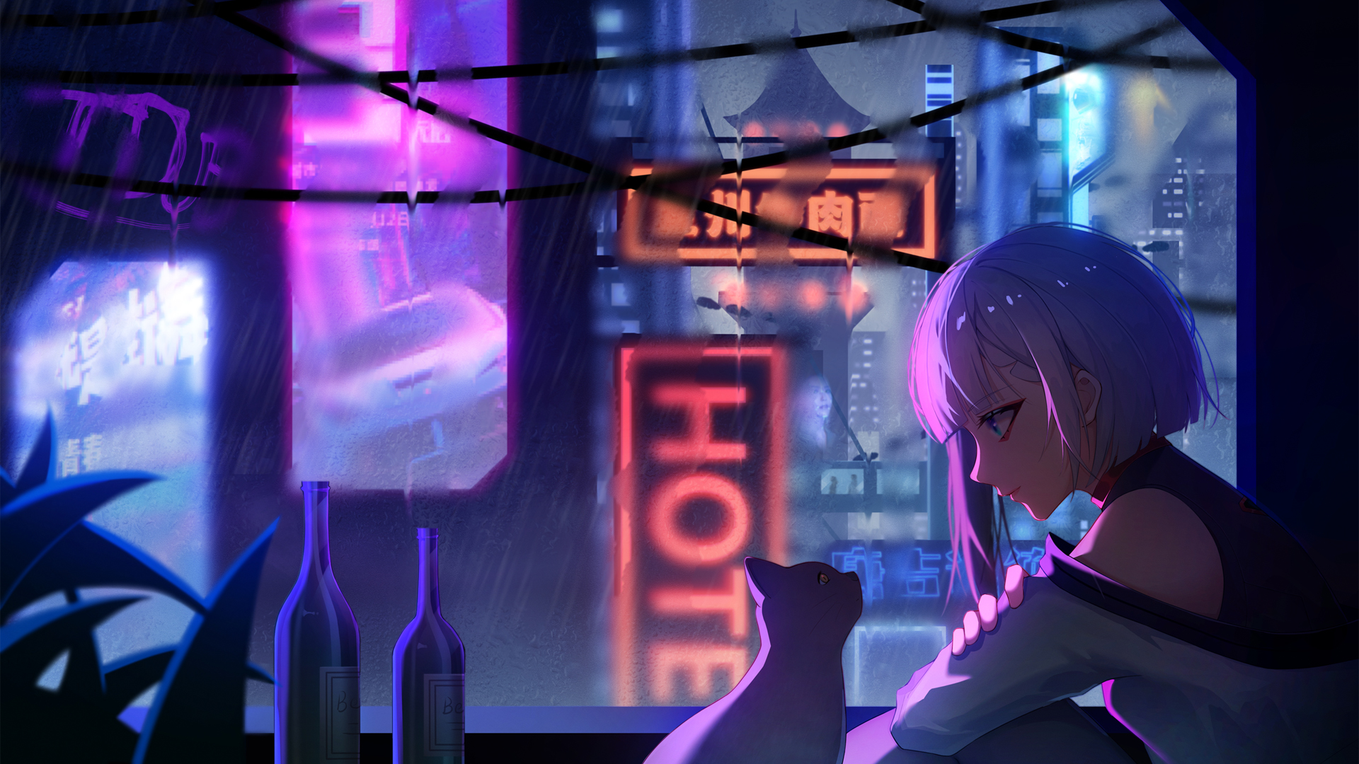 ['赛博朋克动漫女孩 猫 雨 霓虹灯 城市灯光 瓶子 4K高清壁纸']
