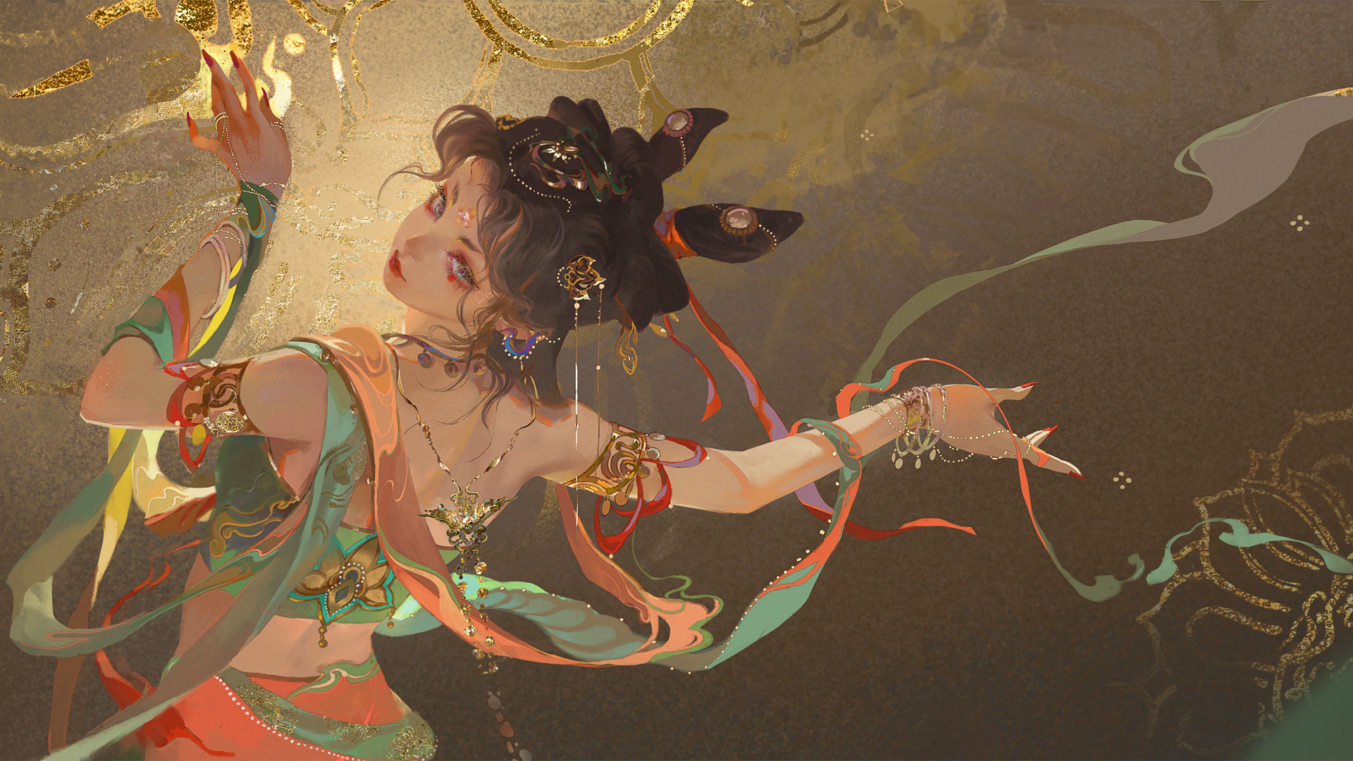['敦煌风 飞天仙女 古风绘画 国潮插画 动漫唯美壁纸']