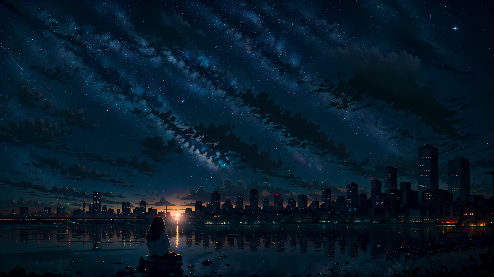 ['唯美星空夜景动漫壁纸 女孩城市风景4K高清插画素材']