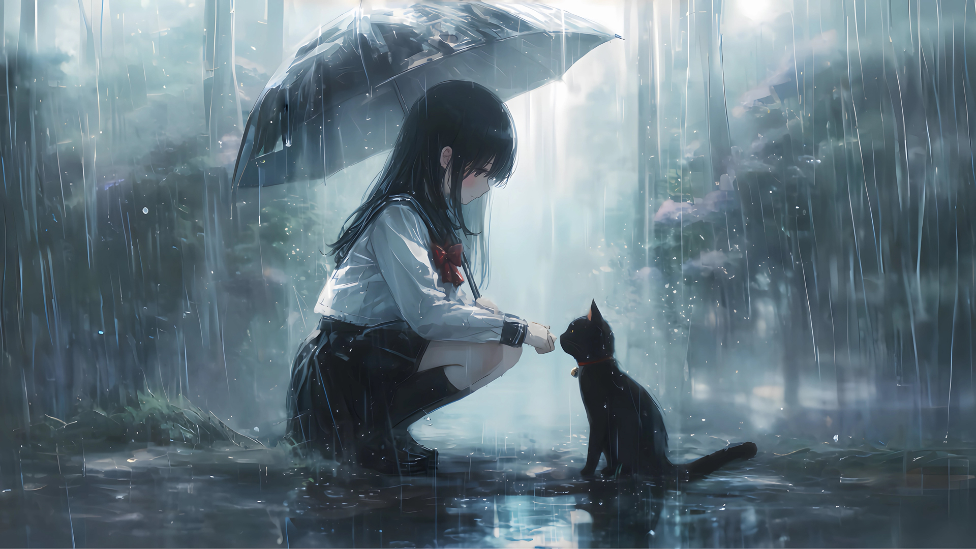 ['雨天 小女孩 猫 动漫 唯美 插画 电脑壁纸']