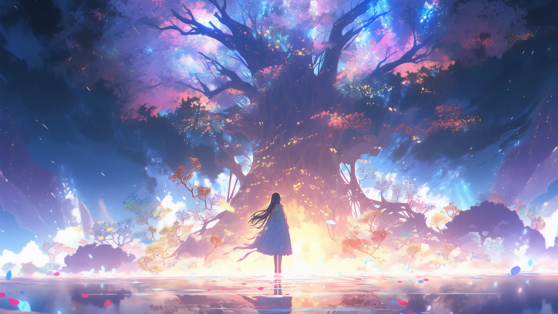 ['动漫女孩 大树 水 唯美梦幻 风景壁纸']