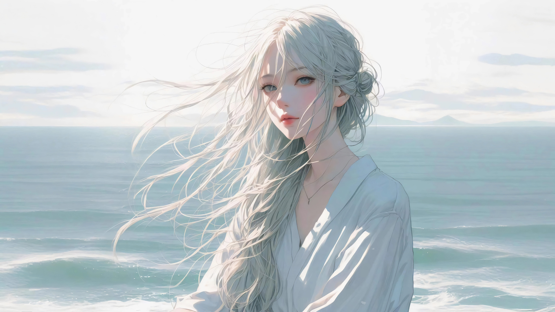 ['海边动漫少女长发高清壁纸']