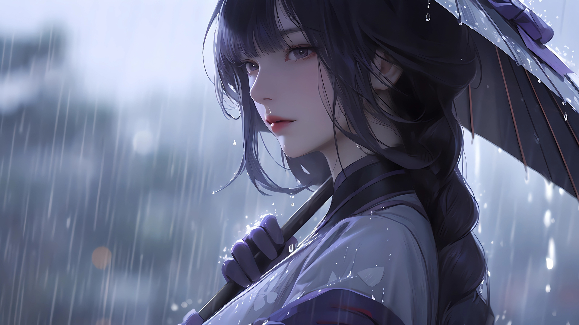 ['雨天 动漫女孩 撑伞 电脑壁纸']