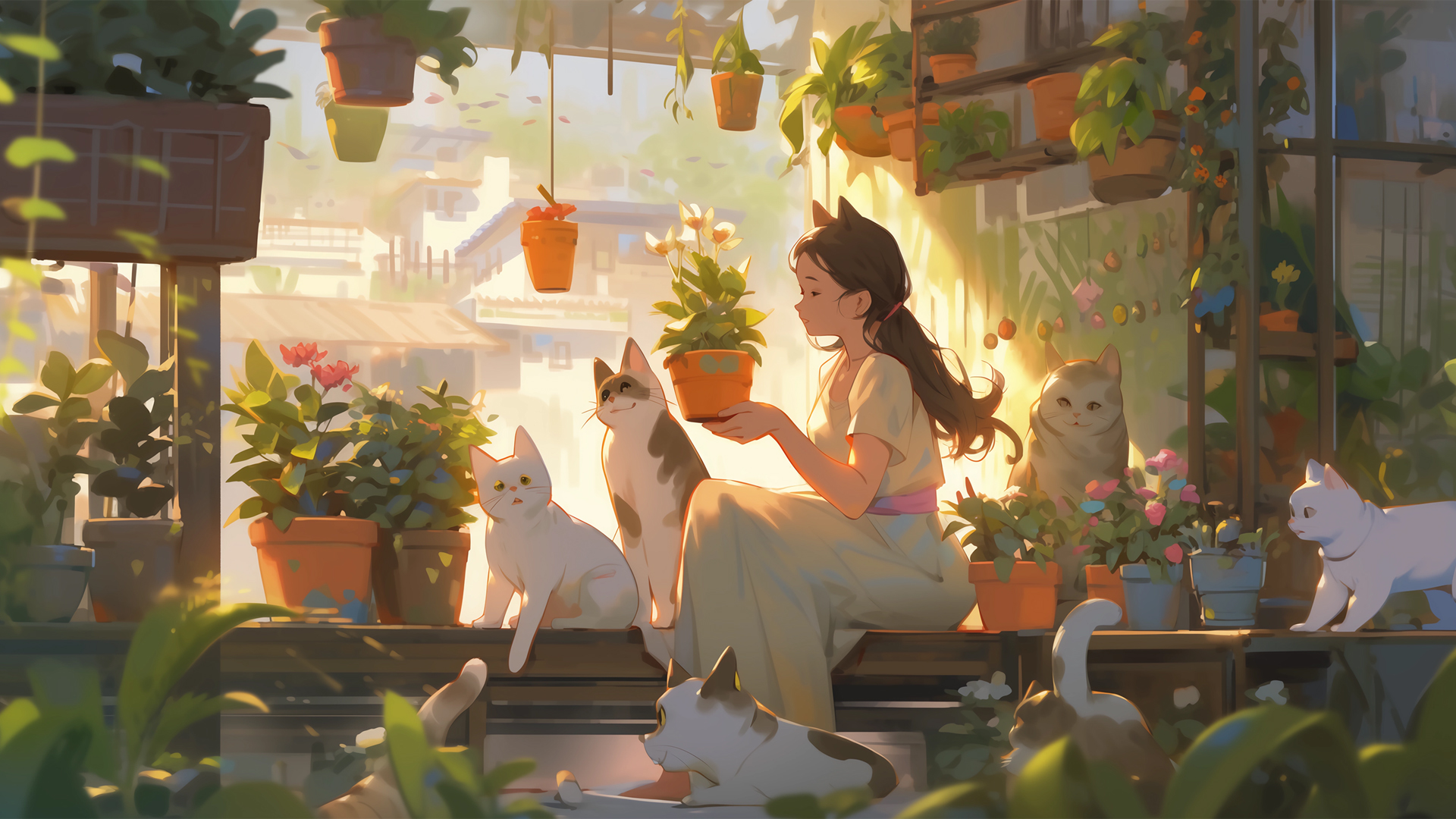 ['可爱动漫猫咪女孩盆栽壁纸']