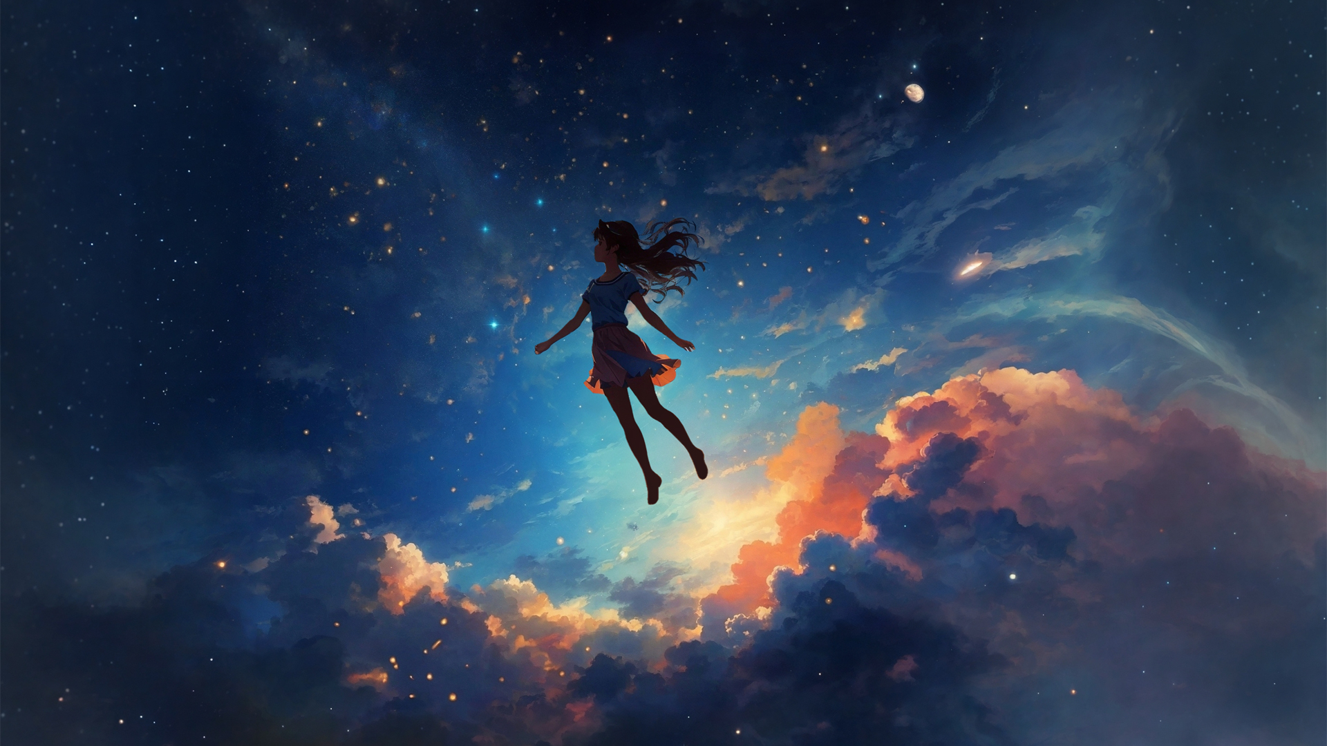 ['星空动漫少女 宇宙漂浮壁纸 二次元桌面壁纸']