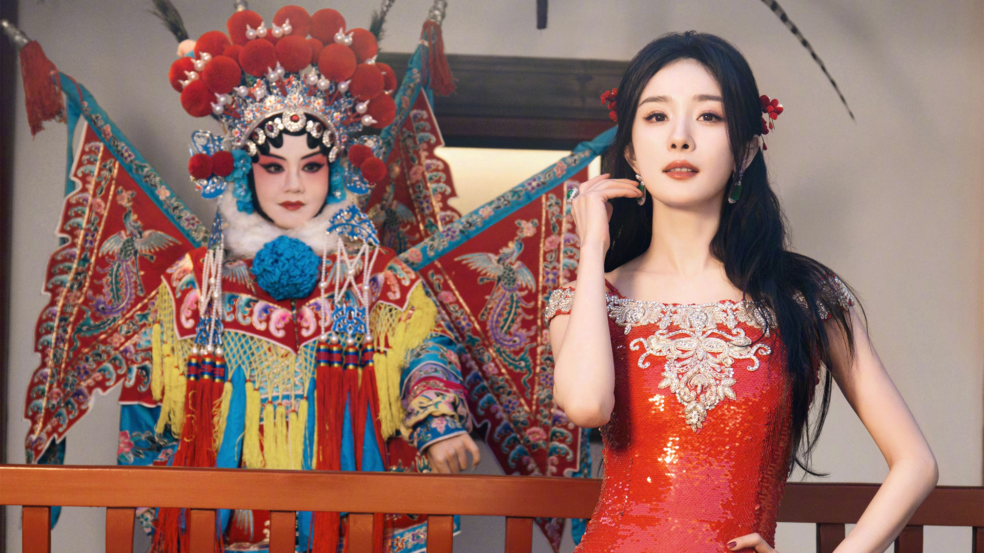 ['杨幂 国风 红色裙子 美女 高清壁纸']