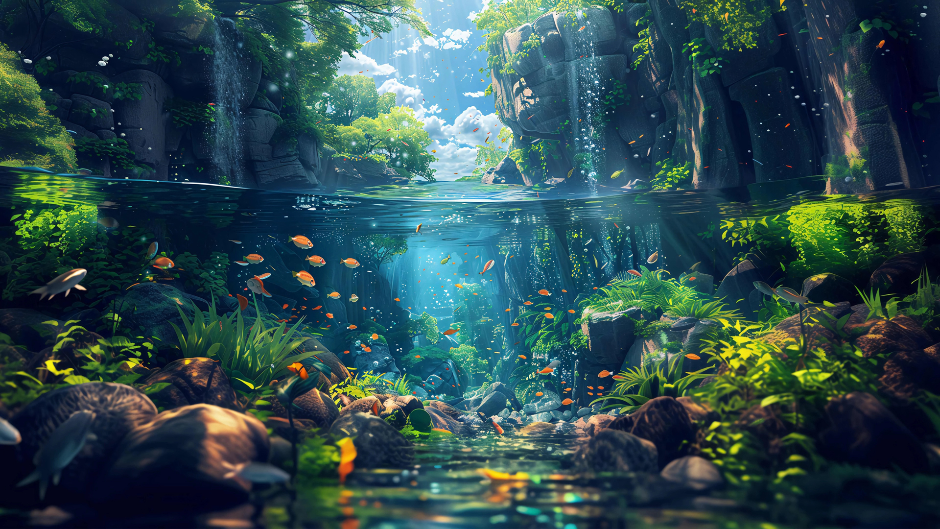 ['小溪 鱼类 绿色植物 自然风景 高清桌面壁纸']