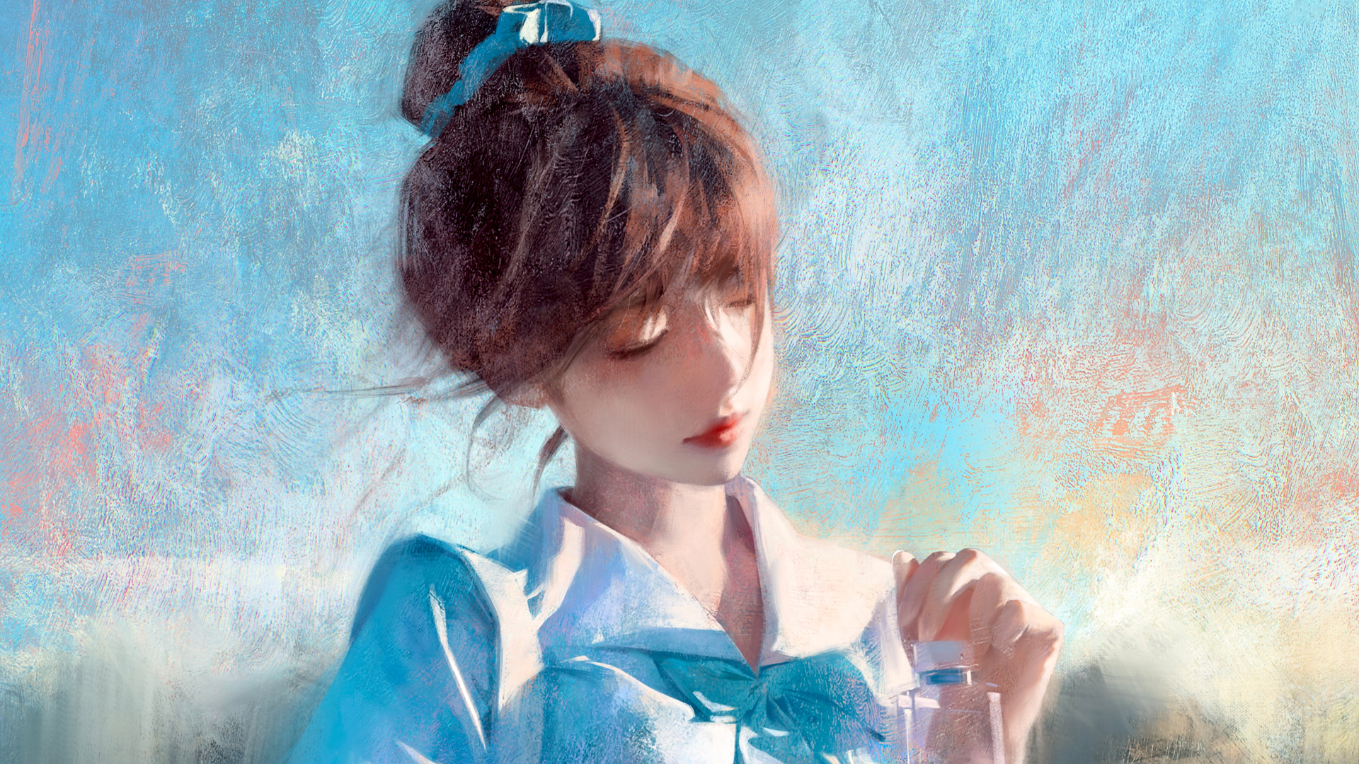 ['女孩 闭眼 天蓝色 水瓶 绘画风格 唯美动漫壁纸']