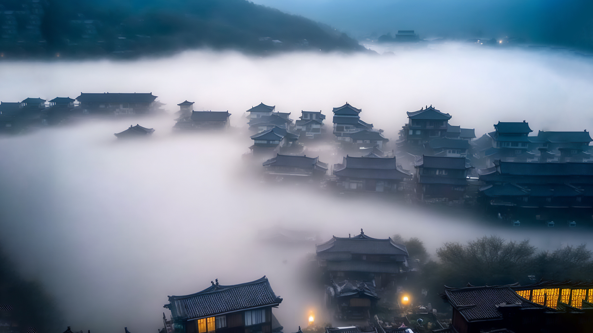 ['云雾缭绕 古村落 徽派建筑 自然风光 高清壁纸']