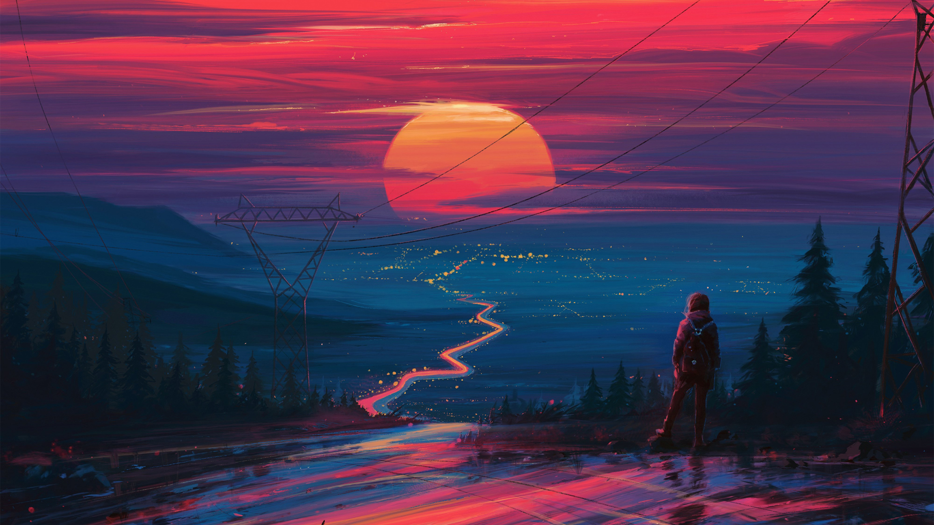 ['唯美日落 女生背影 高清山景 夕阳写真 电脑桌面壁纸']
