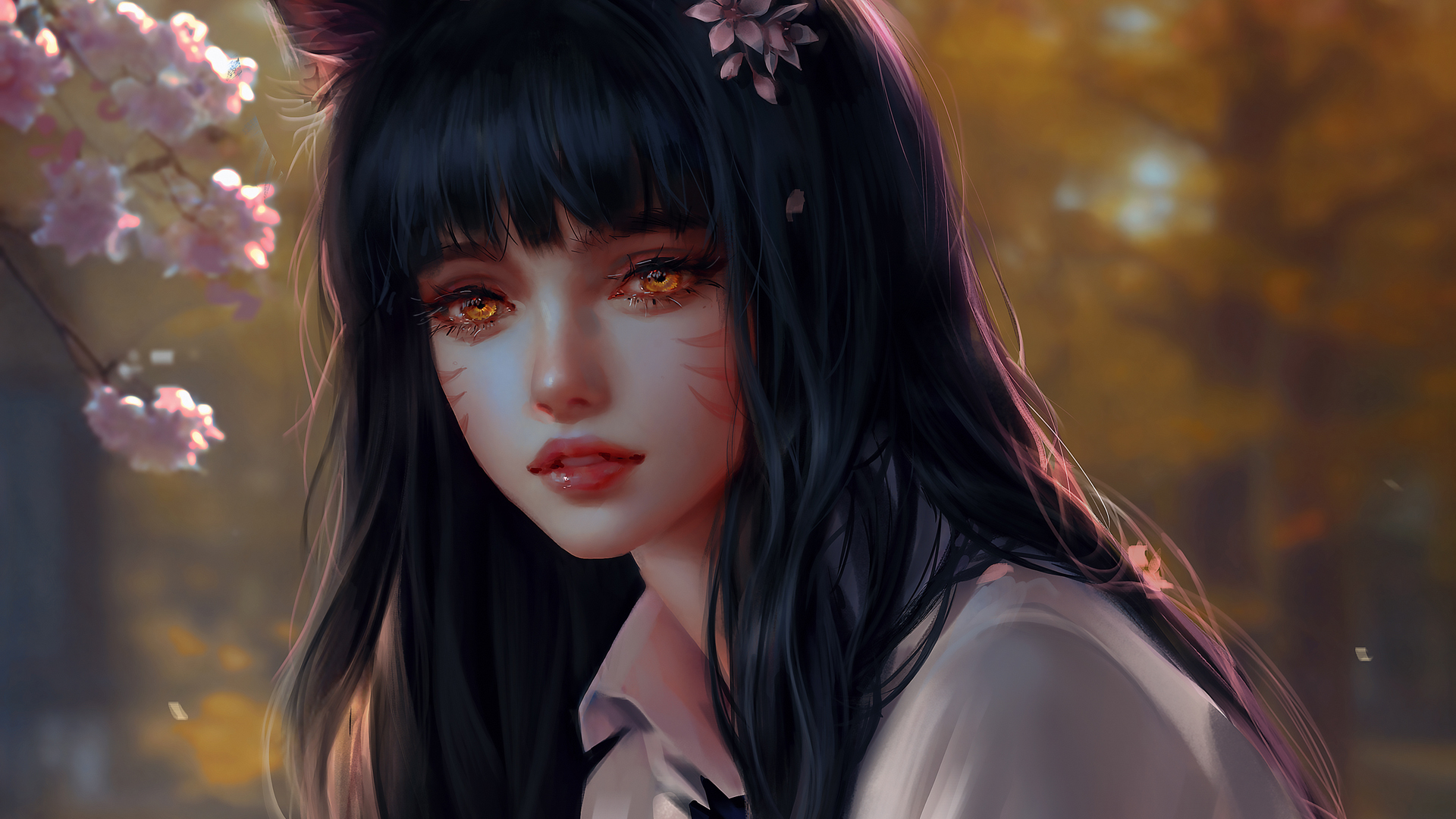 ['阿狸 厚涂 长发 白色衣服 花 树林 高清 4K 壁纸']