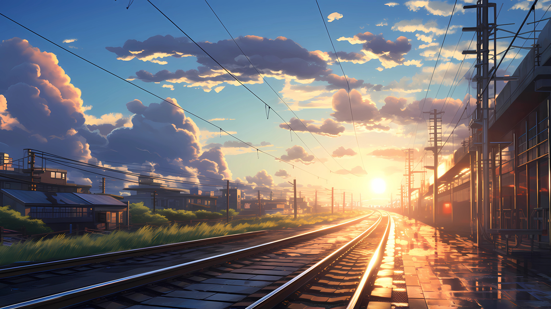 ['铁路夕阳风景 高清壁纸 摄影素材 自然风光']