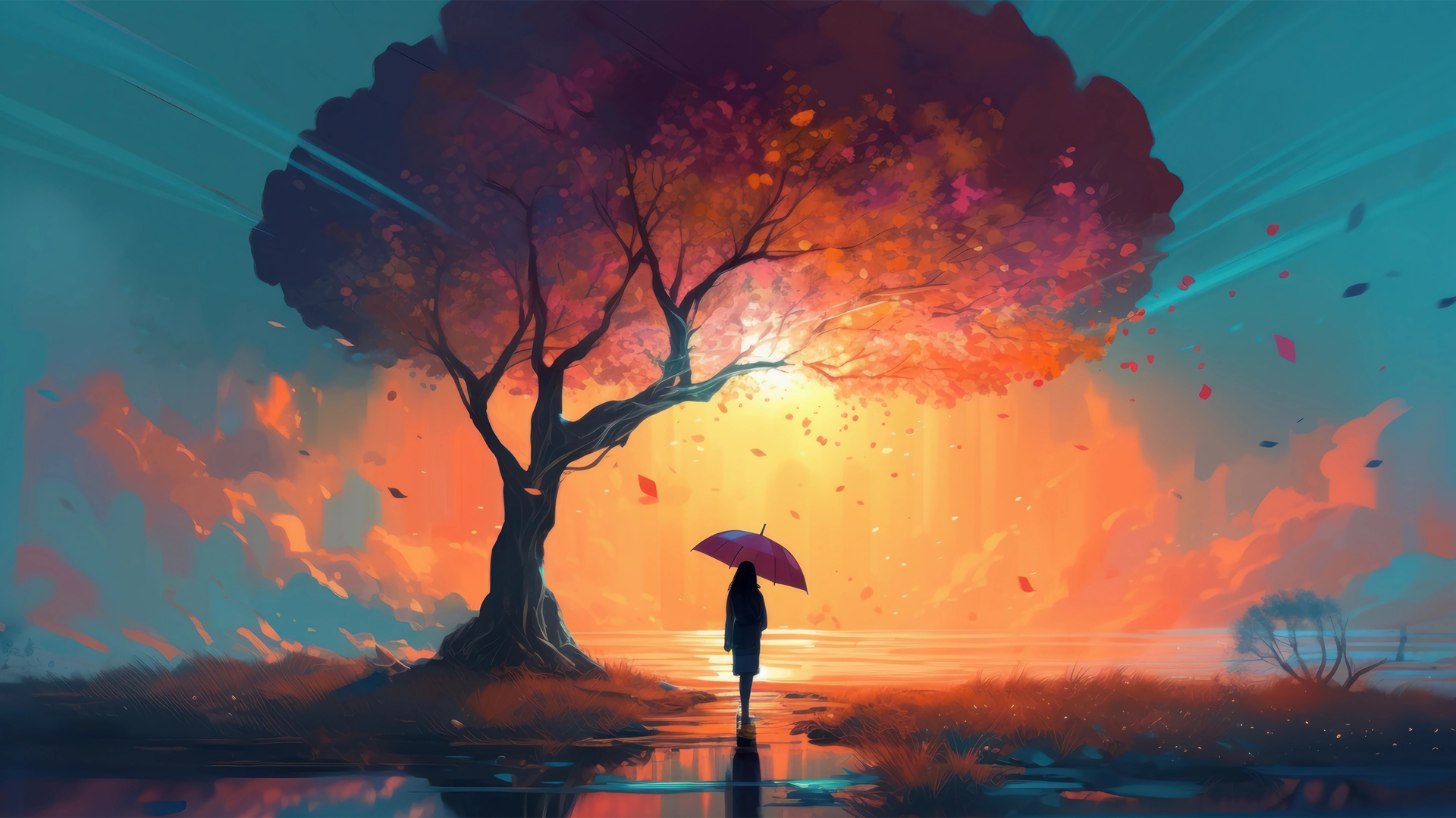 ['夜晚 森林 女孩 雨伞 梦幻唯美 电脑壁纸']