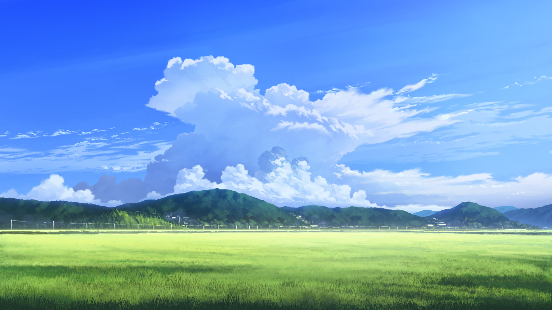 ['手绘风景 云 天空 山 绿色草地 高清壁纸']
