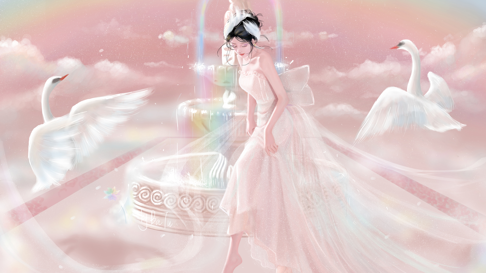 ['天鹅女孩 彩色喷泉 云雾 梦幻 高清壁纸']