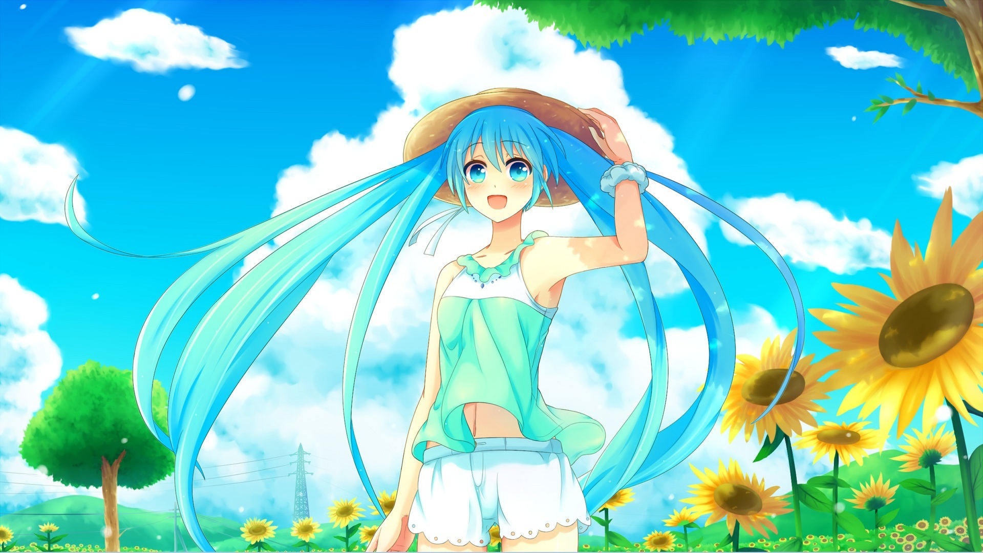 ['VOCALOID 初音未来 帽子 天空 白云 树 向日葵 可爱动漫女生壁纸']