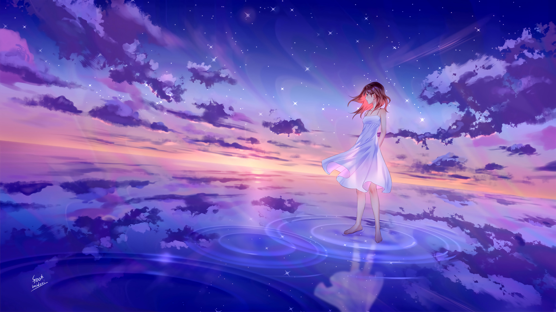 ['星空 海边 美少女 白色裙子 唯美动漫壁纸 4K高清']