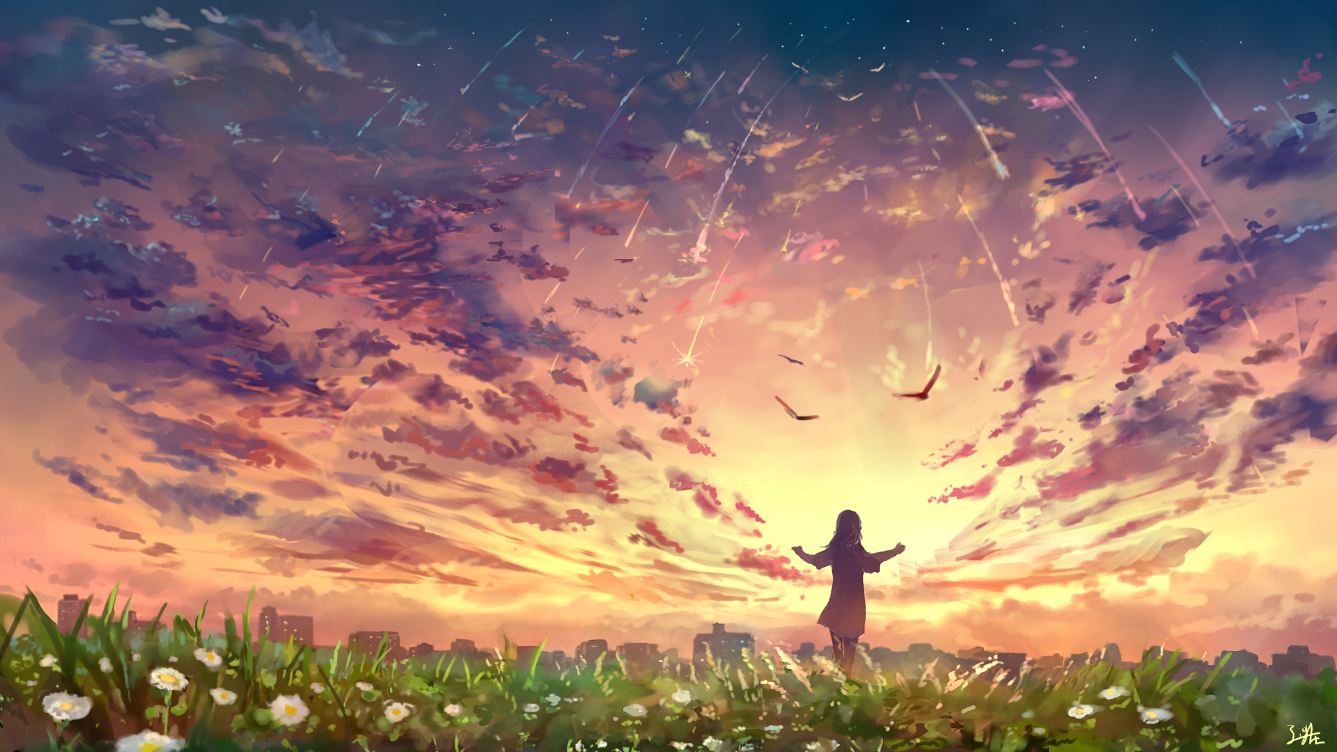 ['少女演奏家 风景天空云 动漫壁纸']