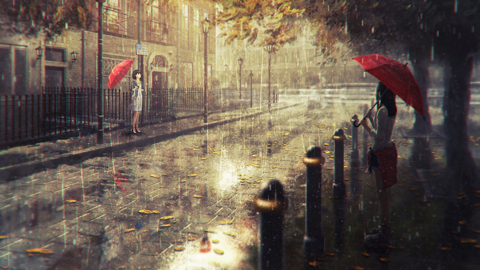 ['雨中女孩 撑伞动漫 城市雨天 高清唯美壁纸']