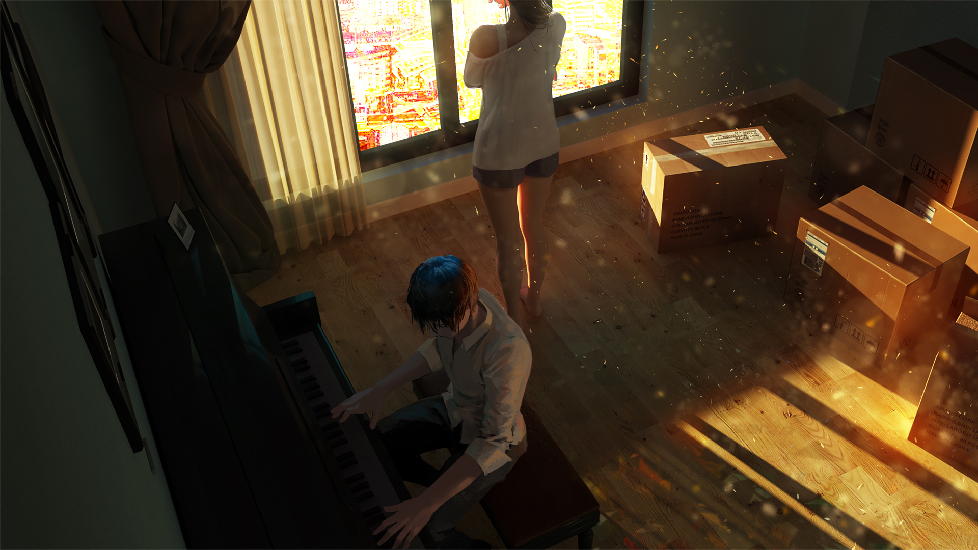 ['2K动漫壁纸 唯美女孩背影 男孩钢琴 房间情侣插画']