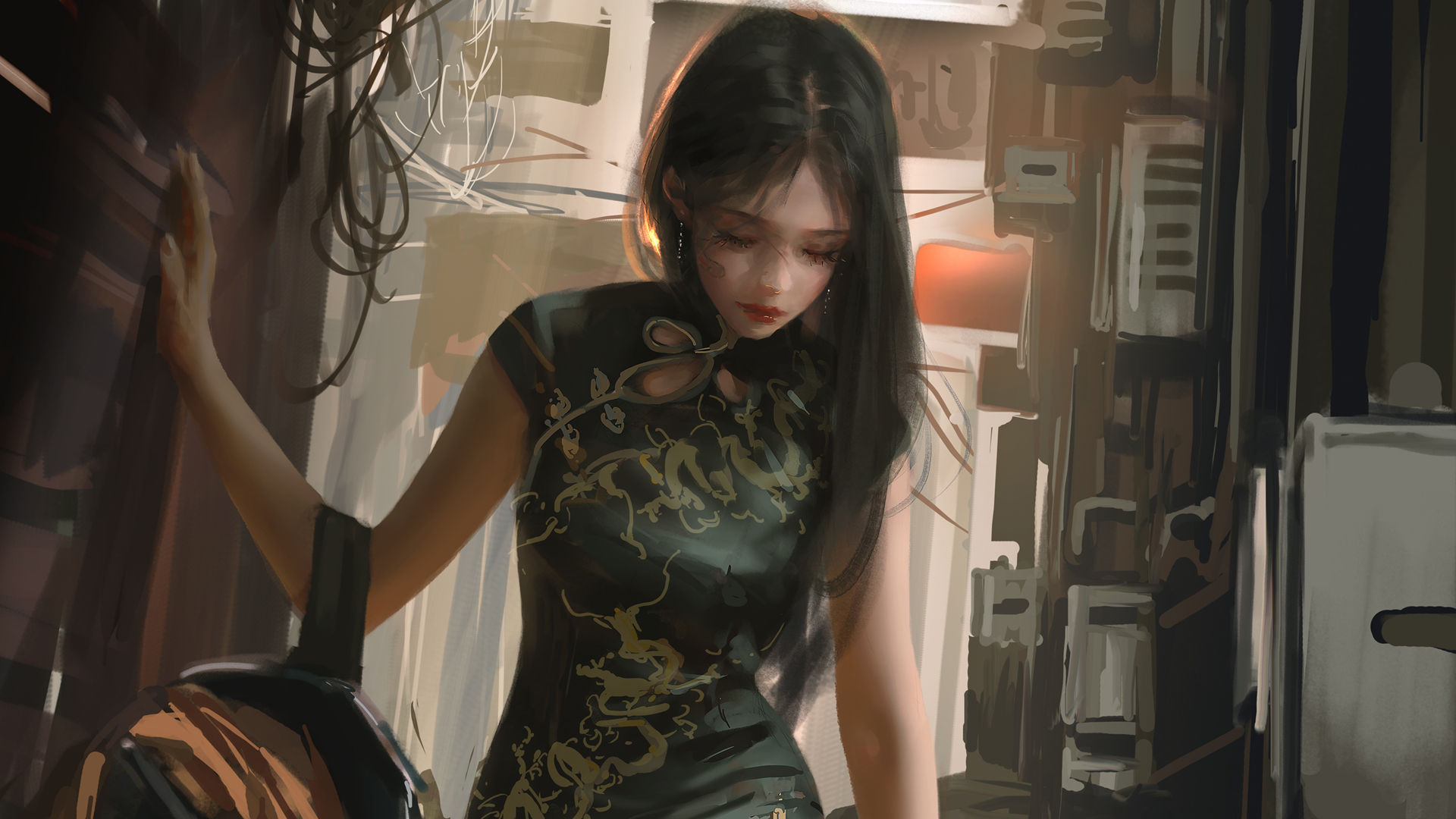 ['旗袍美女动漫壁纸 厚涂画风街头写实']