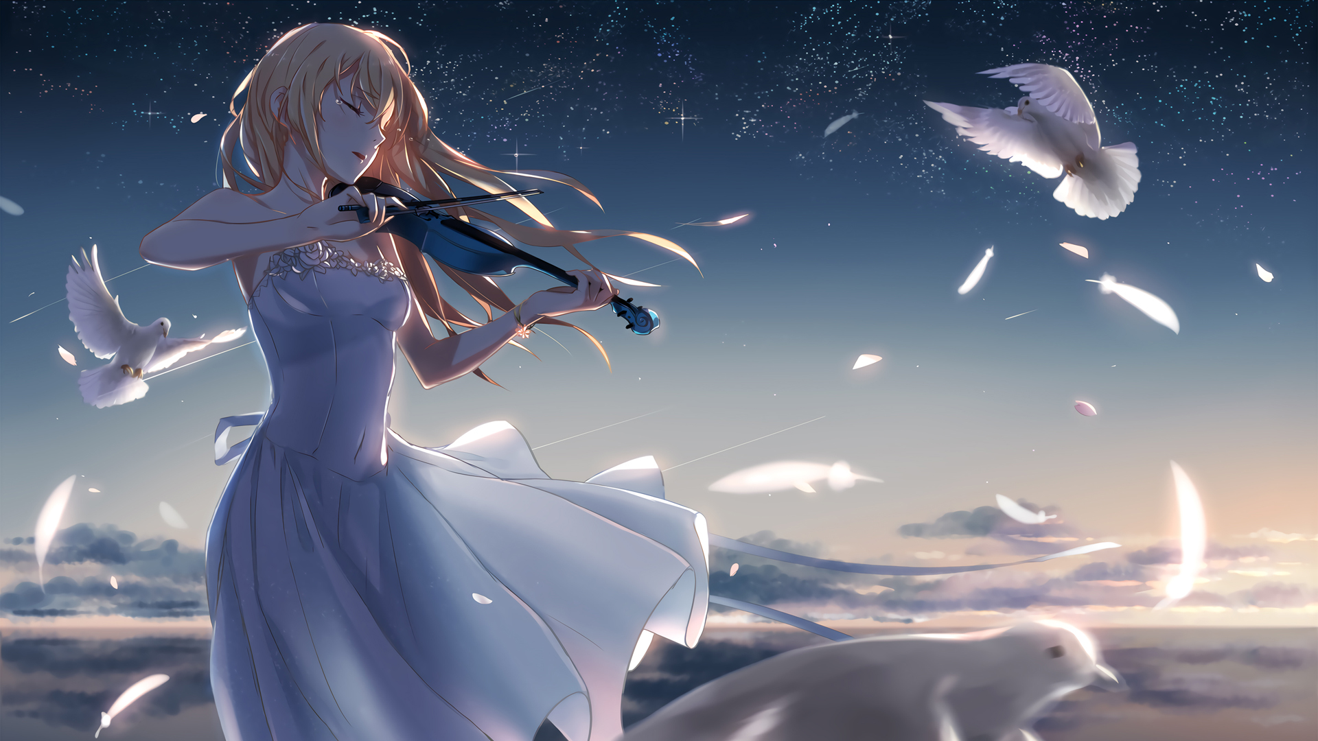 ['星空少女 小提琴 白鸽 唯美动漫壁纸']
