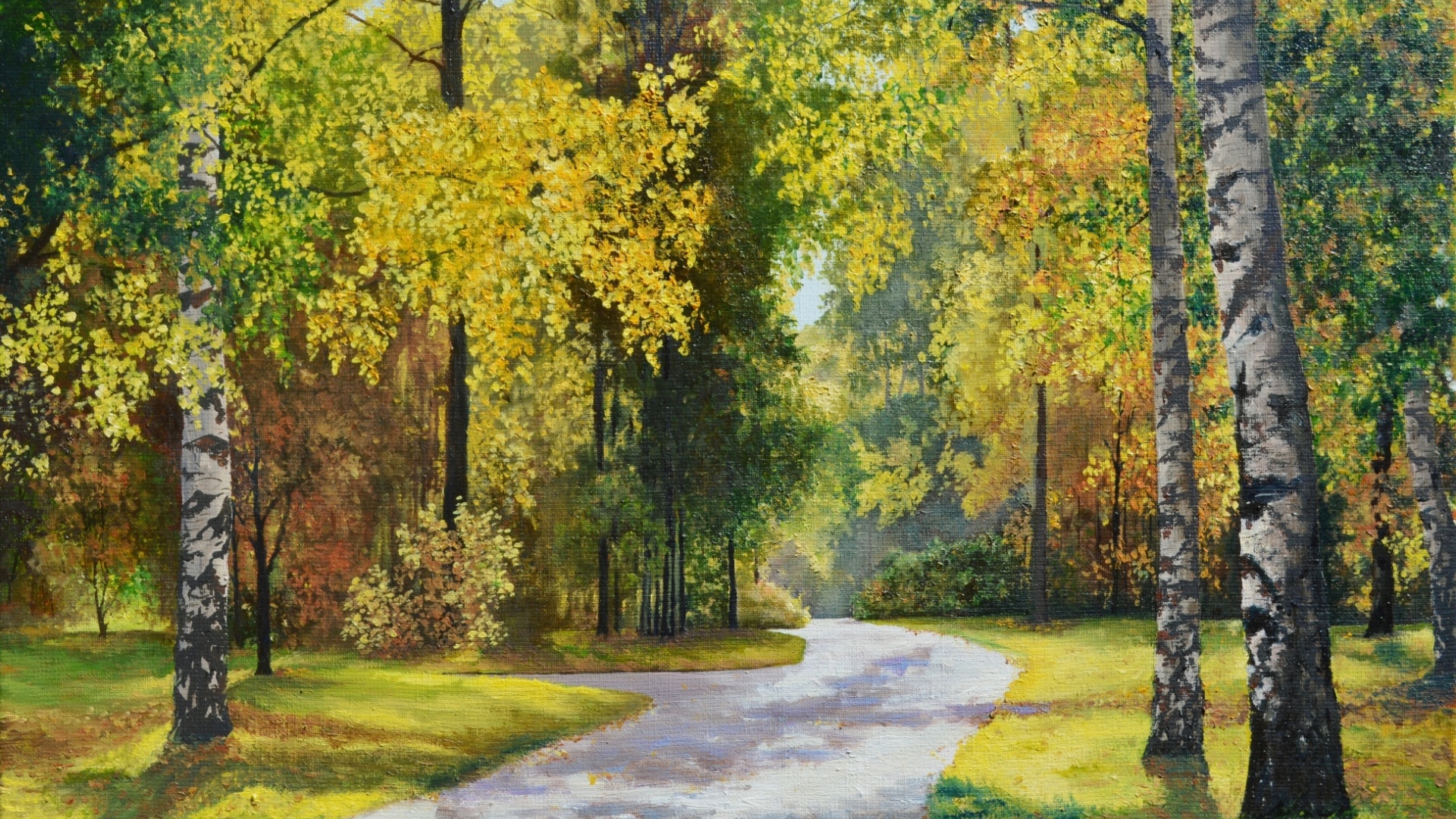 ['秋季森林绘画风景壁纸 水彩手绘小道树木灌木草地桌面高清']