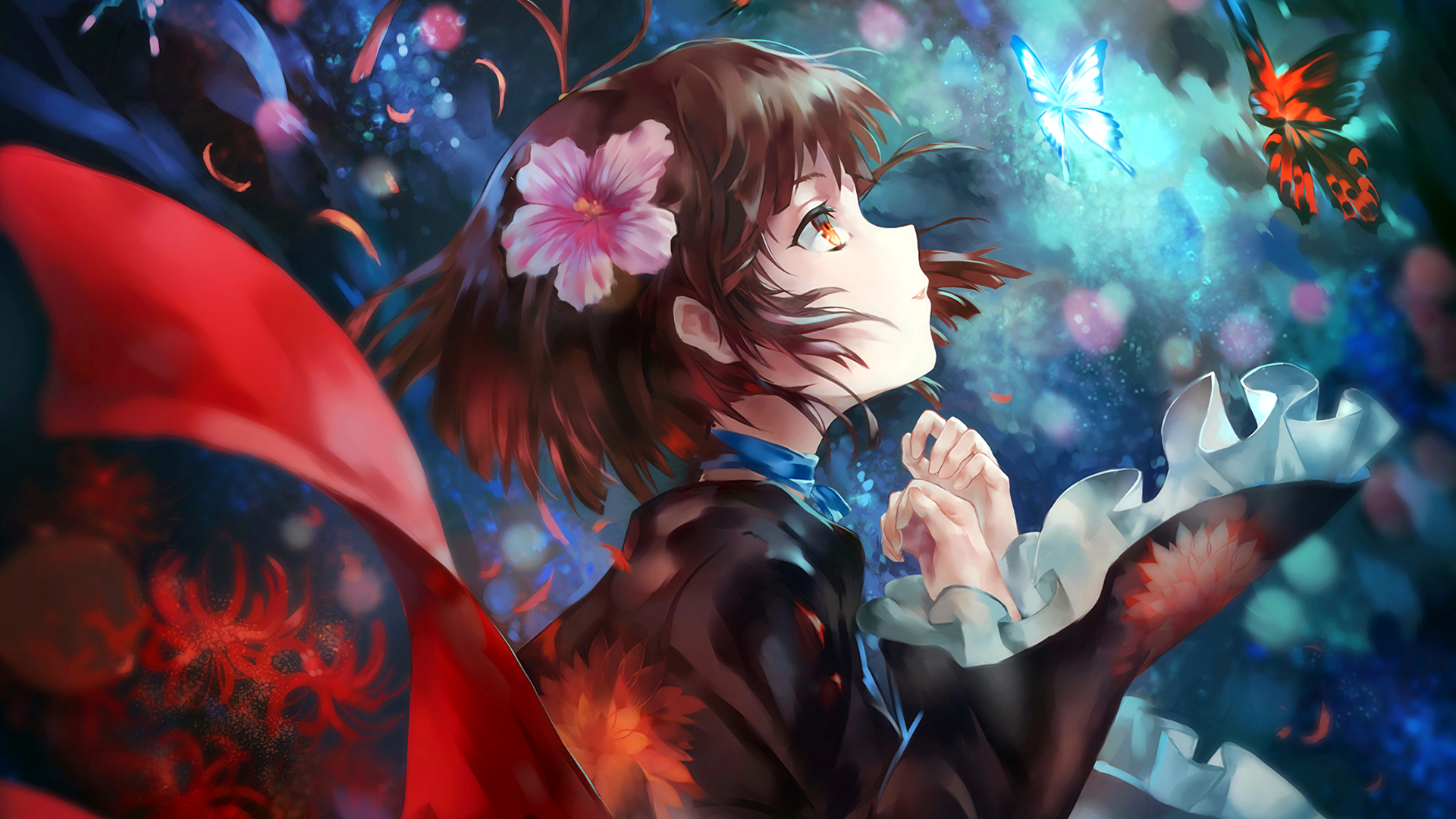 ['星空 女生 彼岸花 花瓣 蝴蝶 唯美梦幻 动漫壁纸']